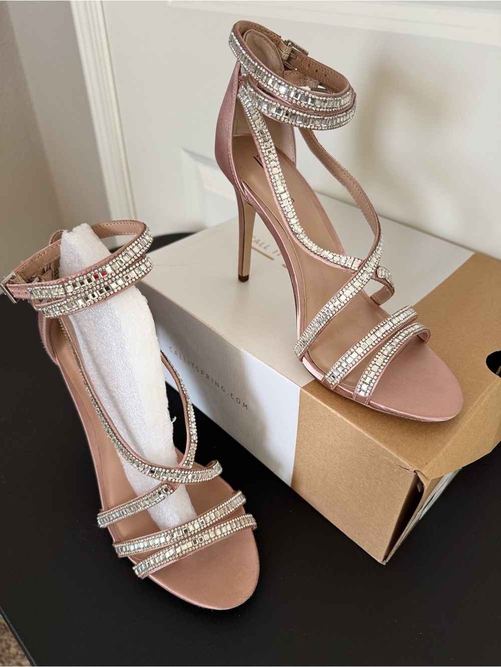 Call It Spring-Embellished Strappy High Heel Sandals in Blush Pink